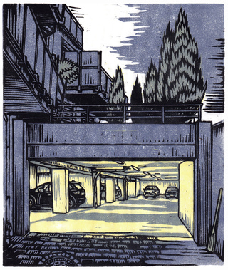 Blue hour II (Hommage to Böcklin), linocut, 2024