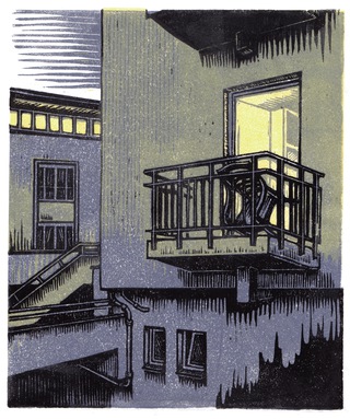 Blue hour I (Home for the elderly, Essen), linocut, 2024