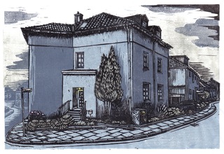 Corner house (Hagelkreuz), Essen, linocut, 2022