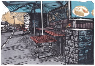Snack bar by the lake, early morning, Essen, linocut, 2025