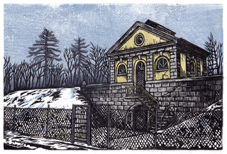 Elevated water tank belonging to Krupps's villa, Essen, linocut, 2023