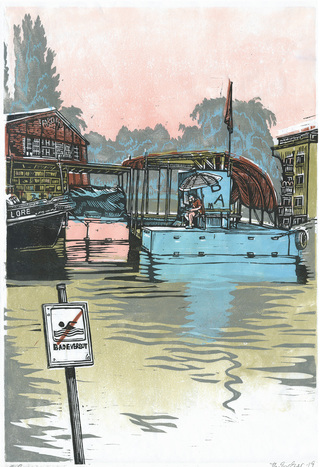 Rafts on Veringkanal, Hamburg-Wilhelmsburg, linocut, 2019