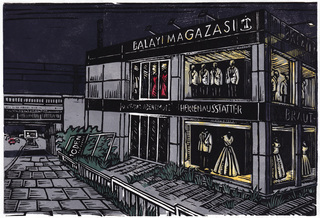 Bridal fashion store, Elbbrücken, Hamburg, linocut 2017